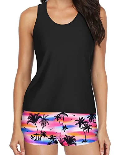 Big Savings Trendy 3 Piece Athletic Tankini Bathing Suit Boy Shorts For Women-Black Palm Tree