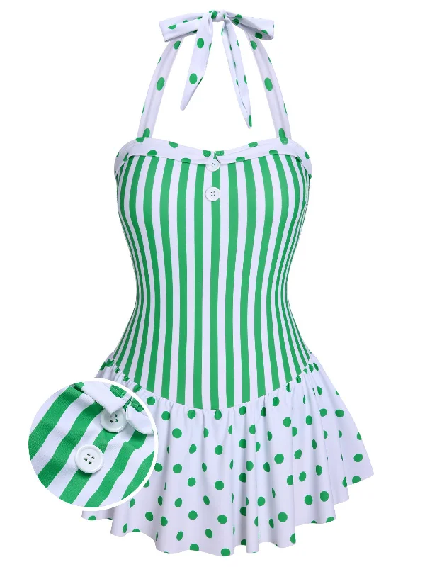 Fashionista Favorites Green 1940s Polka Dots Stripes Halter Swimsuit