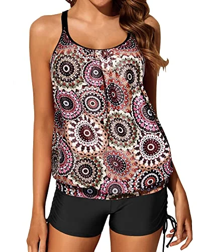 Exclusive Discount Blouson Tankini Swimsuits Two Piece Strappy Bathing Suit Tops Shorts-Brown Print