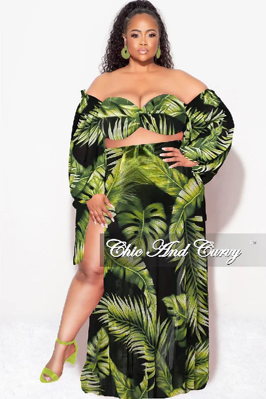 Limited Edition Final Sale Plus Size 3pc Playsuit Set in Navy with Olive Tropical Palm Print