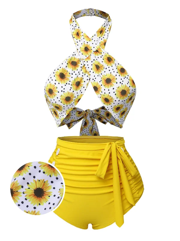 Stylish Savings Yellow 1950s Sunflower Cross Halter Swimsuit