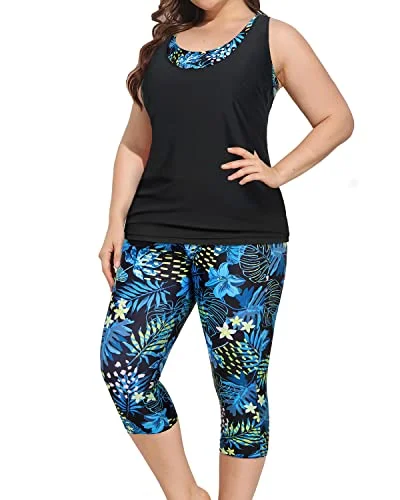 Wardrobe Essentials Stylish Plus Size Swimwear 3 Piece Tankini Swimsuits with Sports Bra and Swim Capris