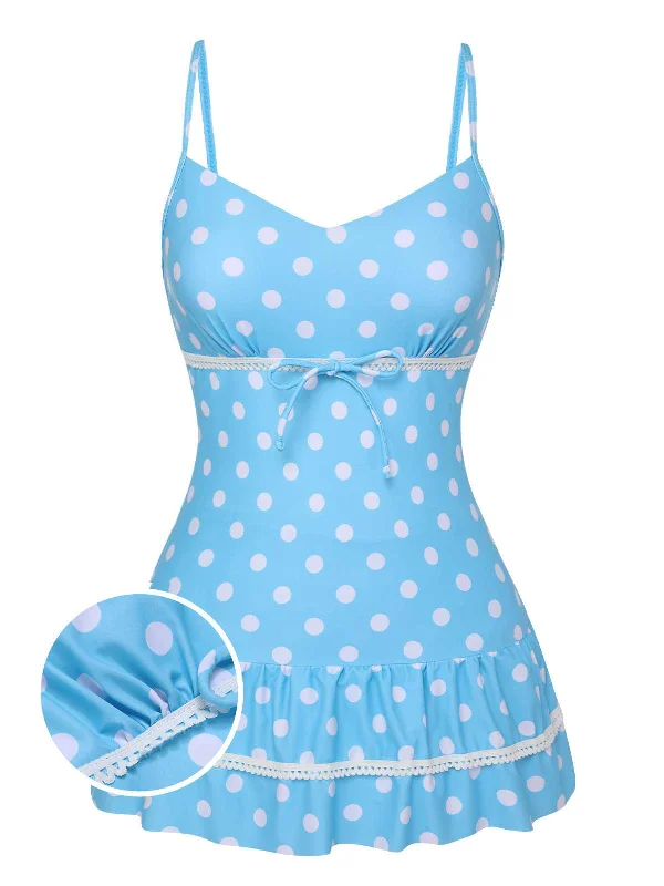 Modern Casual Clothing Blue 1940s Spaghetti Strap Polka Dots One-Piece Swimsuit