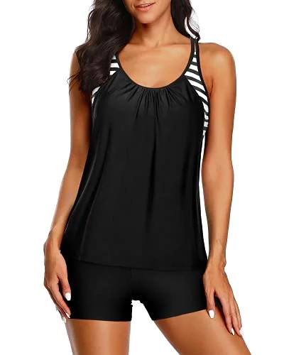 Limited Styles Layered Tankini Top Boy Shorts Casual Tankini Set-Black