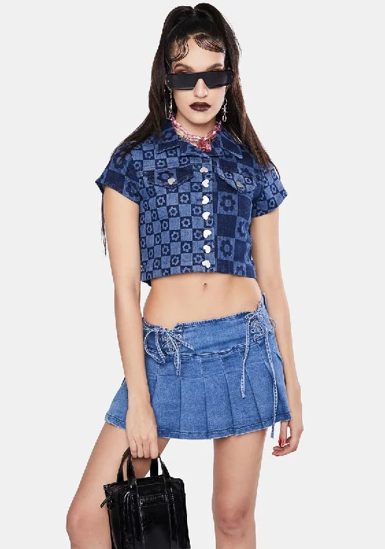 Limited Stock Flower Print Short Sleeve Denim Crop Top