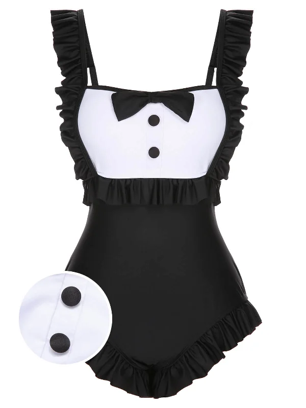 Romantic Date - Night Ensemble Black 1960s Tuxedo Ruffle Strap Swimsuit