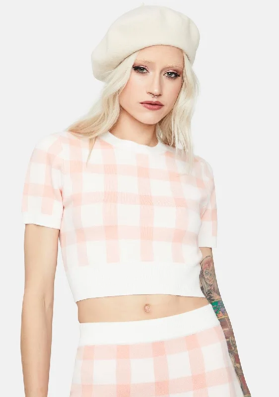 Relaxed Style Rosy Cheeks Plaid Short Sleeve Crop Top