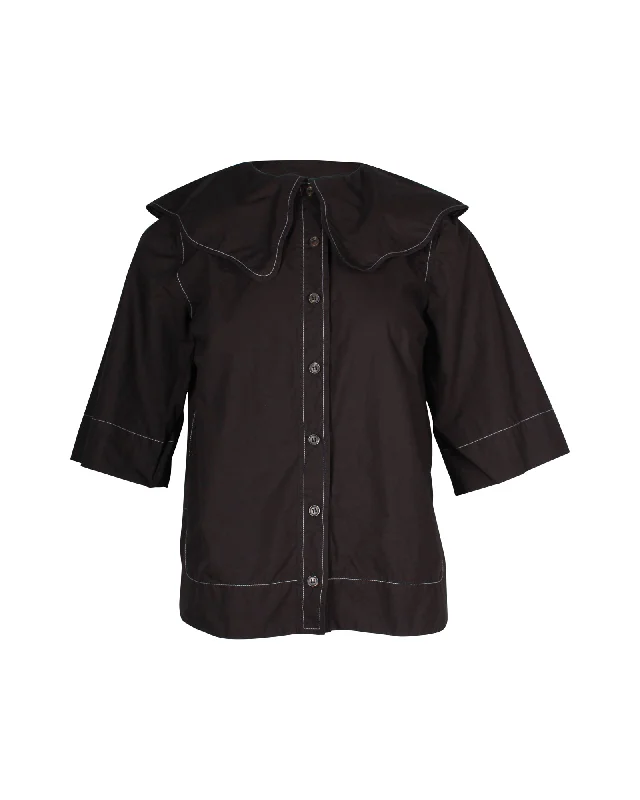 Premium Fabrics Ganni Bubi Collar Button-Up Blouse in Black Cotton