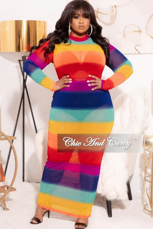 Huge Markdowns *Final Sale Plus Size Sheer Mesh Bodycon Dress in Rainbow Stripes