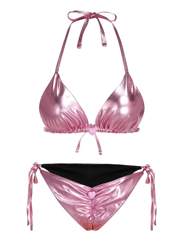 Unbeatable Prices Pink 1970s Metallic 3D Heart Swimsuit