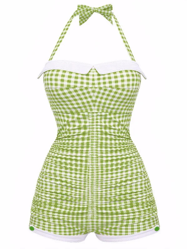 Charming Silhouette Gingham 1950s Halter Bowknot One-piece Swimsuit