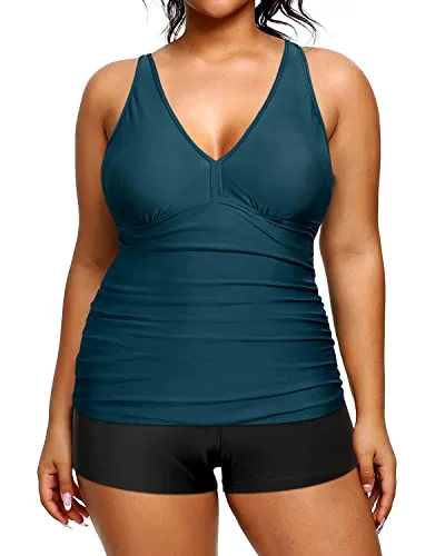 Exclusive Sale Tummy Control Tankini Plus Size Swimsuits Shorts Two Piece Bathing Suits-Teal And Black