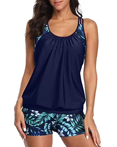 Latest Trends Women's Layered Design Tankini Tops Long Swim Shorts-Blue Leaves