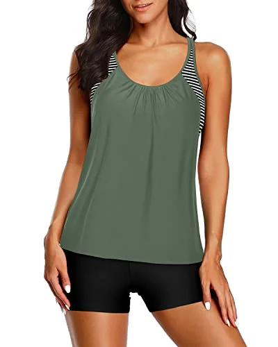 Step Ahead, Lead The Trend Criss Cross Back Tankini Set Casual Tankini Set-Army Green