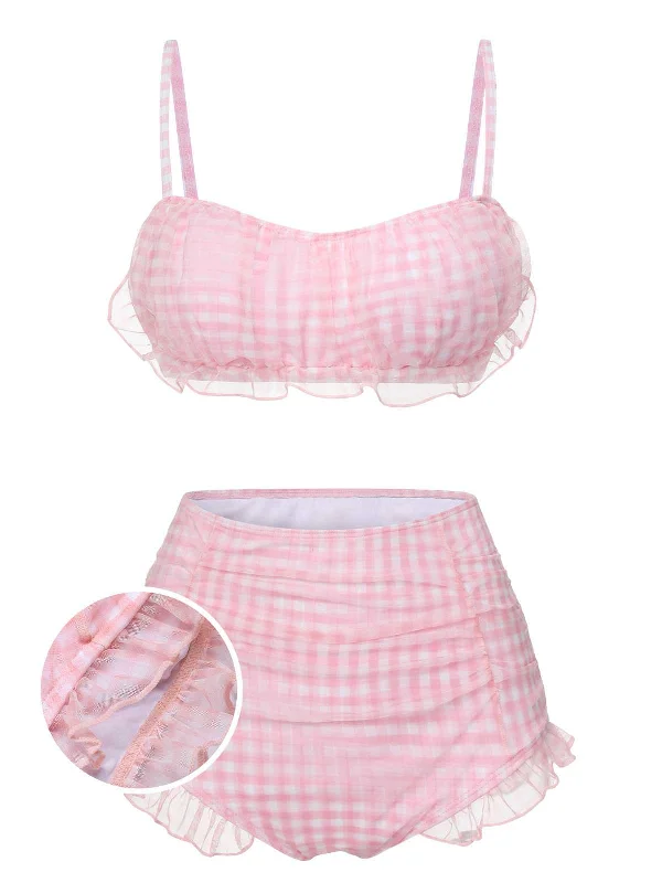 End Of Season Sale Pink 1940s Spaghetti Strap Mesh Plaids Swimsuit