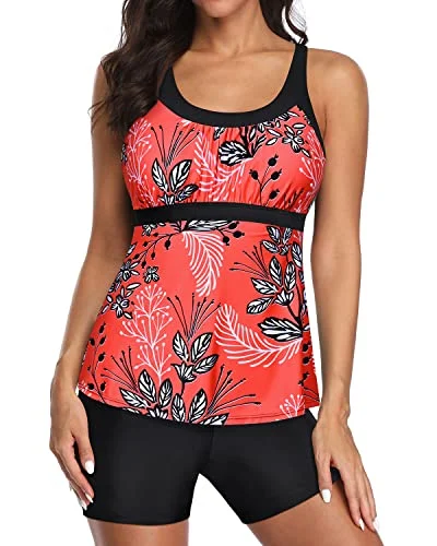 End Of Season Sale U Neck Swim Tank Top Tummy Control And Boyshorts Modest Swimwear-Red Floral