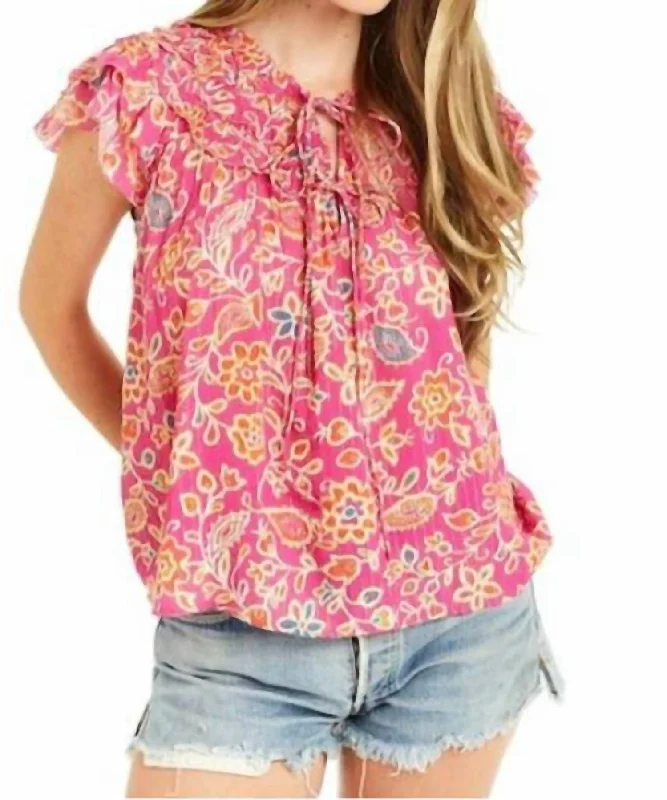 Trend Alert Liza Ruffle Trim Blouse In Alessandra Pink Print