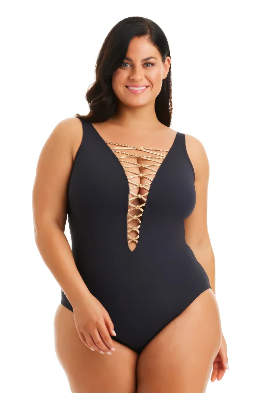 Limited Stock Kore One Piece High Neck Lace Down Swimsuit, Plus