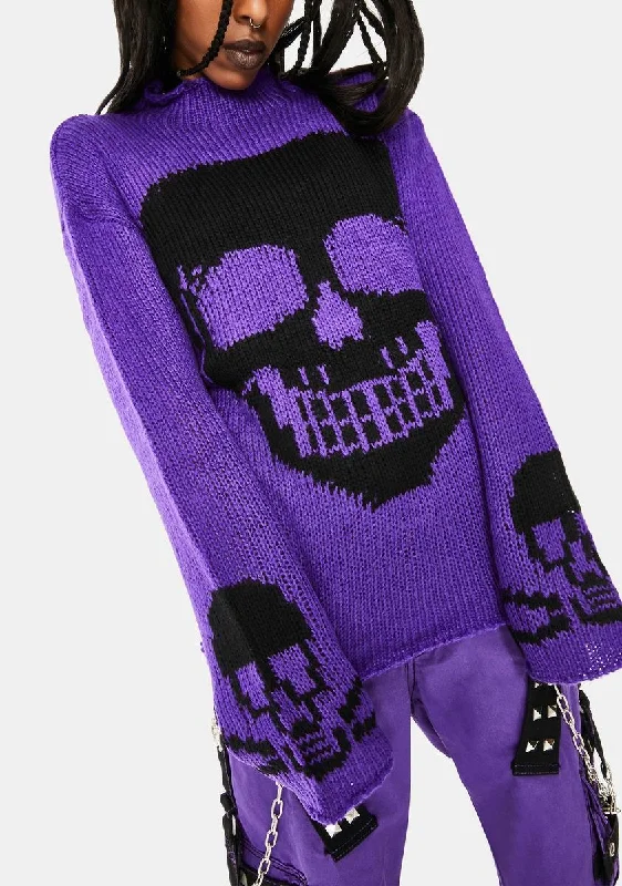 Classic Timeless Elegant Style Purple Knit Skull Sweater