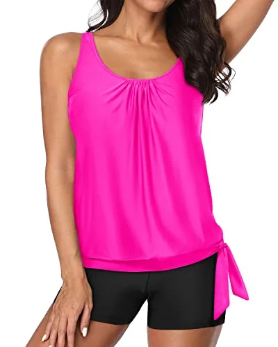 Fashion Forward Slimming Tummy Control Tankini Bathing Suit For Women-Neon Pink And Black