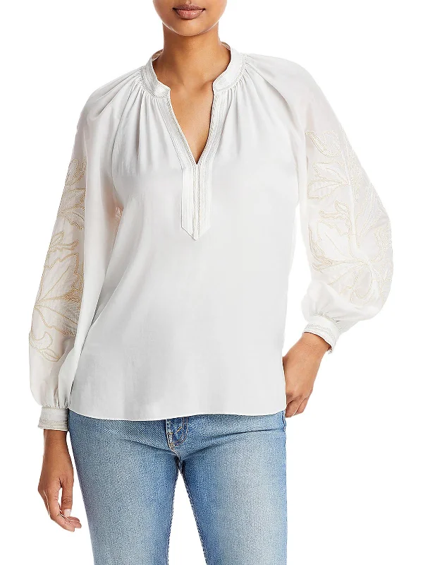 Effortless Chic Apparel Womens Embroidered Split Neck Blouse