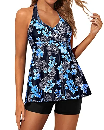 End Of Season Clearance Two Piece Halter Neck Tankini Bathing Suits For Women Shorts-Black Floral