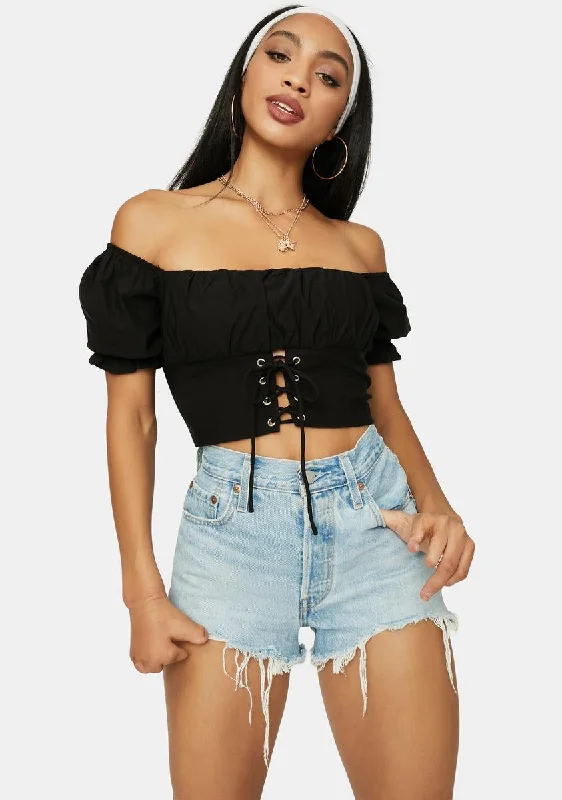 Romantic Detailing Night No Spoilers Off Shoulder Lace Up Crop Top