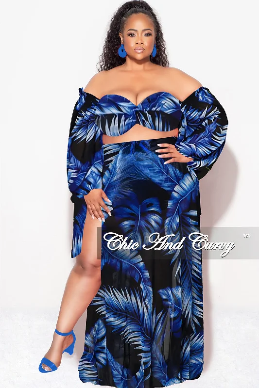 Explore What's New Final Sale Plus Size 3pc Playsuit Set in Royal Blue Tropical Palm Print