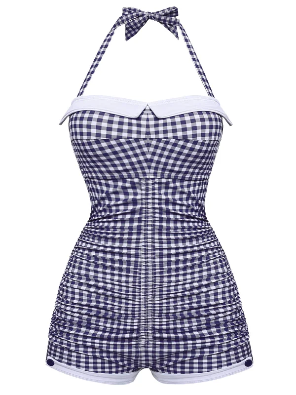 Women's Urban Fashion Gingham 1950s Halter Bowknot One-piece Swimsuit