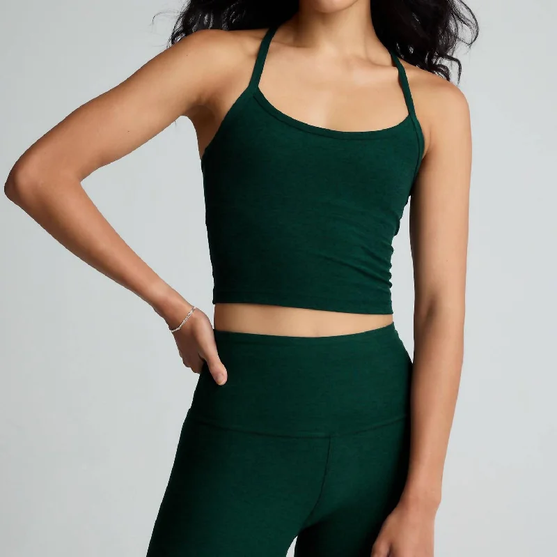 Disco - Inspired Retro Dance Look Spacedye Slim Racerback Cropped Tank In Dark Spruce Green Heather