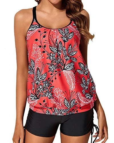 Trend Driven Wardrobe Loose Fit Slimming Tummy Control Tankini Swimsuits Mid Rise Boyleg Bottom-Red Floral