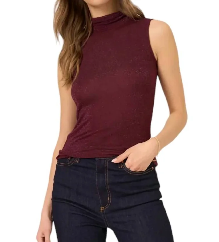 Fashion Forward Domino Lurex Mock Neck Tank In Merry Merlot