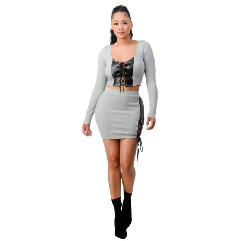 Stylish Basics 2 Piece Set With Cropped Long Sleeve Shirt With Pu Leather Detail Matching Mini Skirt