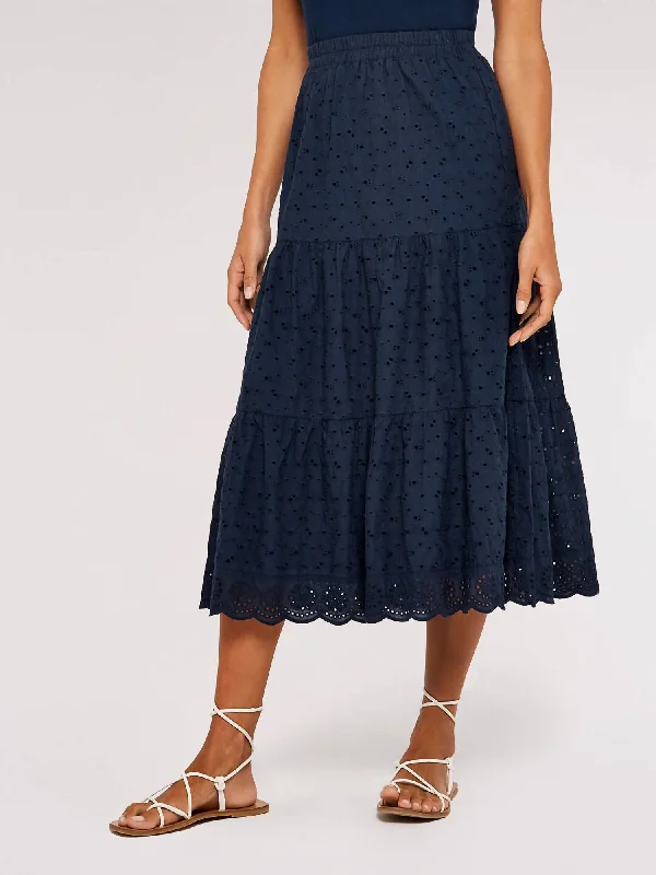 Eco Friendly Fashion Sale Broderie Tiered Midi Skirt In Navy