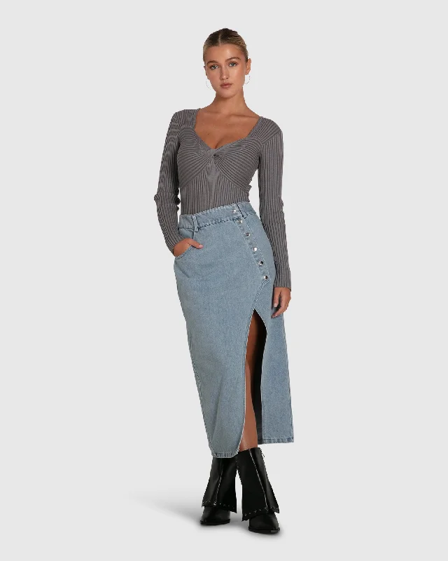 New Season Fashion Preview Can't Forget You Denim Midi Skirt