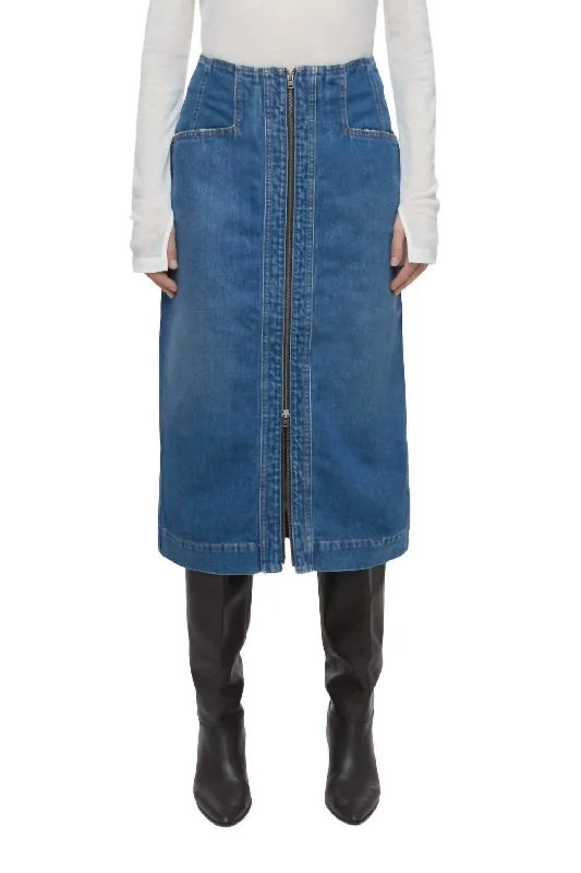 Crazy Price Slashing Denim Skirt With Zip In Mid Blue