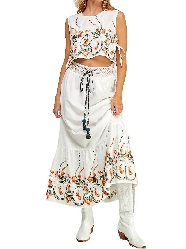 Runway Inspired Wear Linen Embroidered Midi Skirt In White