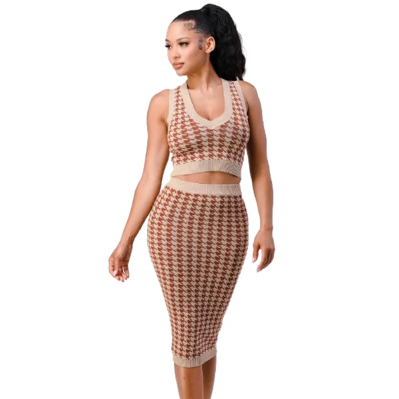 Comfort Centric Apparel Luxe Gingham Rib Knit Top And Skirt Sets