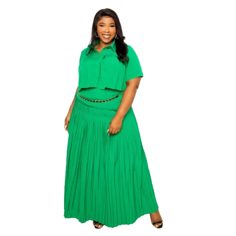 Versatile Wardrobe Essentials Pleated Cropped Shirt And Maxi Skirt Set