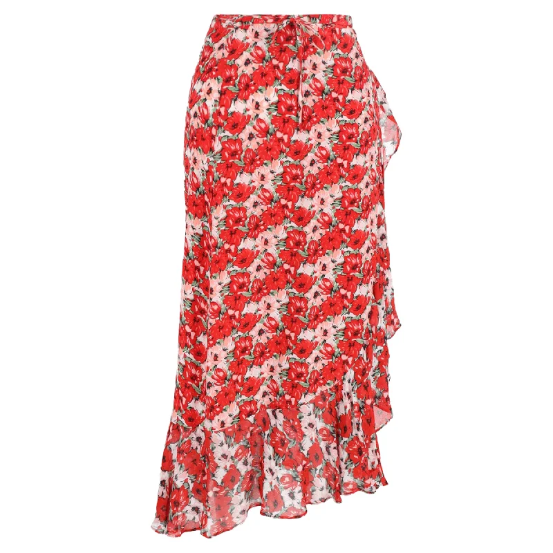 Seasonal Sale Rixo Gracie Floral Print Midi Skirt in Red Silk