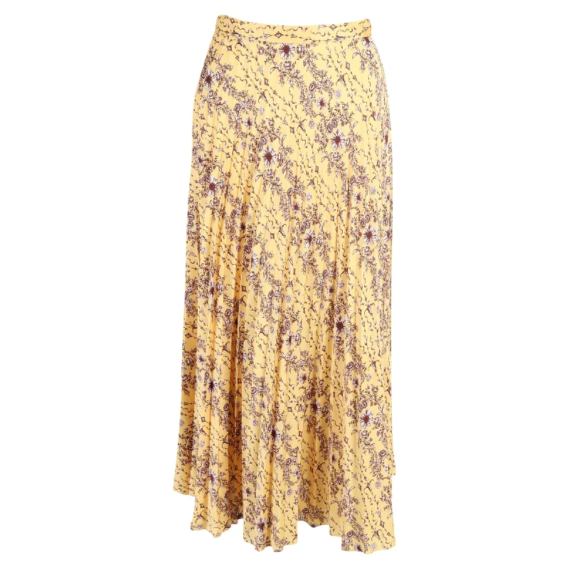 End Of Season Sale Sandro Lilou Pleated Floral-Print Midi Skirt in Yellow Satin