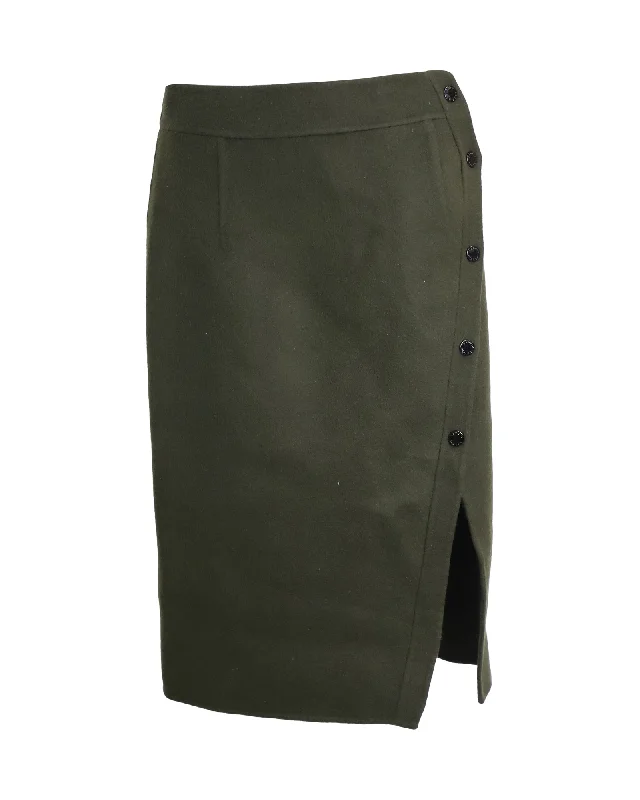 Chic Wardrobe Essentials Sandro Side Button Pencil Skirt in Olive Wool