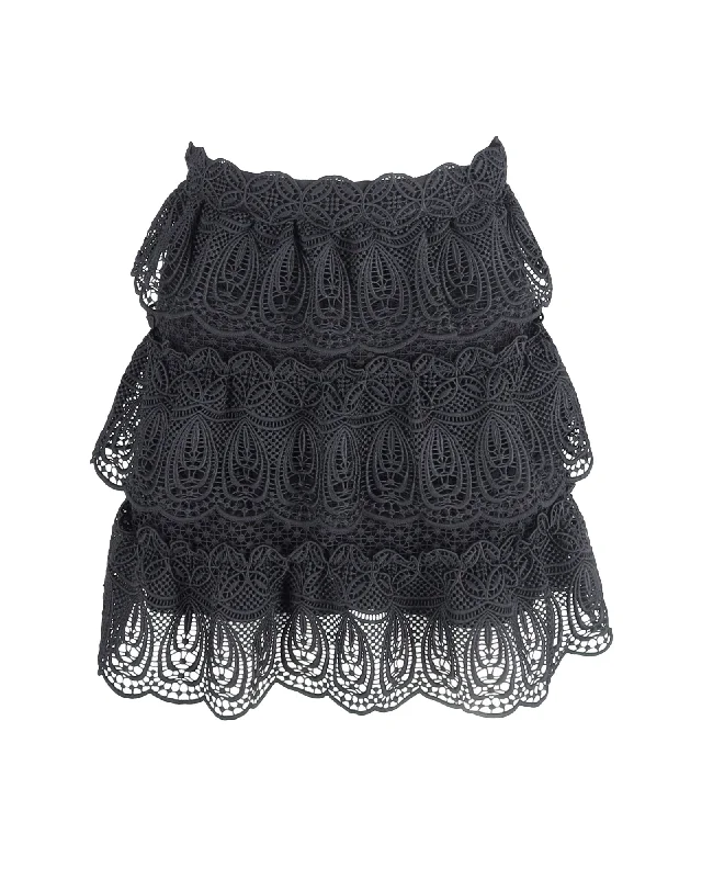 Fresh Styles, Fresh Deals Self-Portrait Crochet A-Line Tiered Skirt in Black Polyester