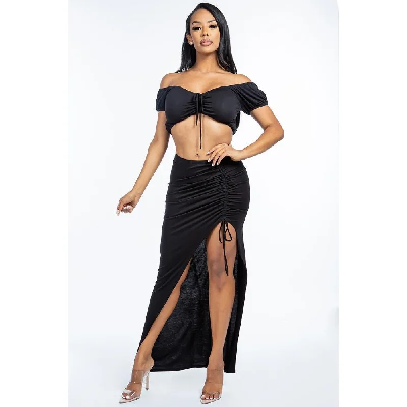 Style Redefined Solid Ruched Front Off The Shoulder Short Sleeve Cropped Top And Side Ruched Asymmetrical Skirt Two Piece Set