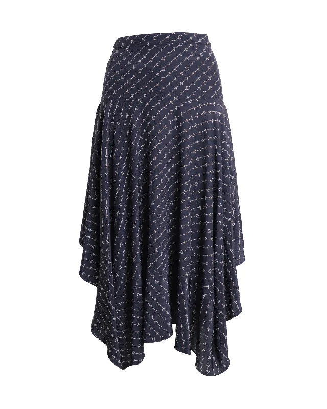 Trendy Urban Attire Stella McCartney Logo Print Asymmetric Midi Skirt in Navy Silk