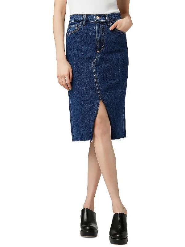 Elegant Simplicity Wardrobe The Joplin Womens Slit Knee-Length Denim Skirt