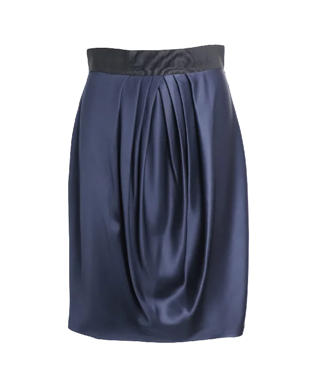 Versatile Wardrobe Essentials Valentino Pleated Front Midi Skirt in Navy Blue Silk