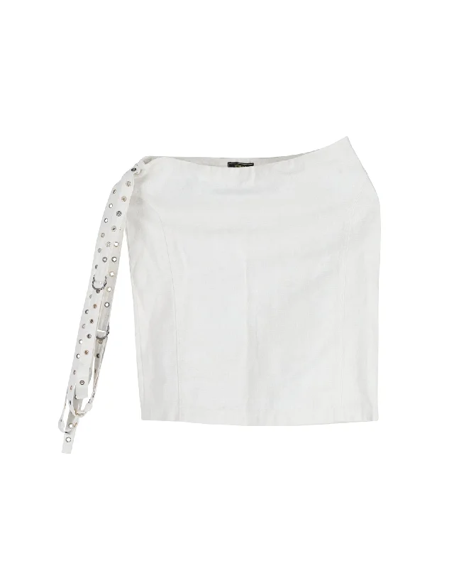 Trend Leading Collection Versace Eyelet Detail Belted Mini Skirt in Ecru Cotton