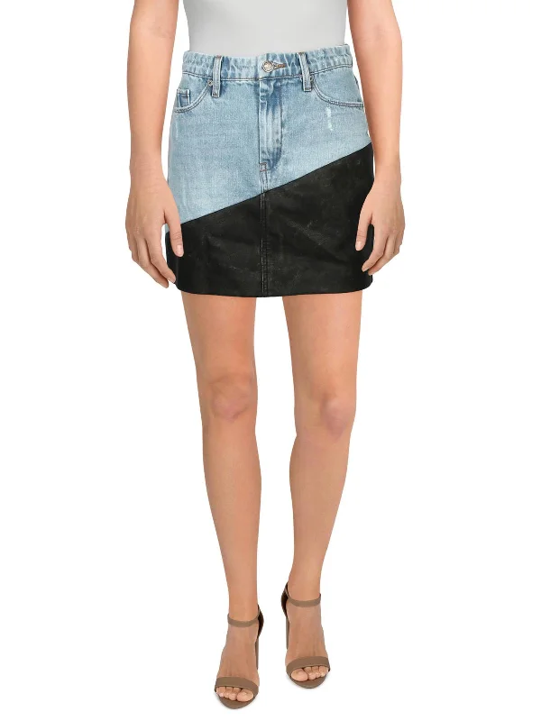 Season Sale Womens Denim Faux Leather Trim Mini Skirt