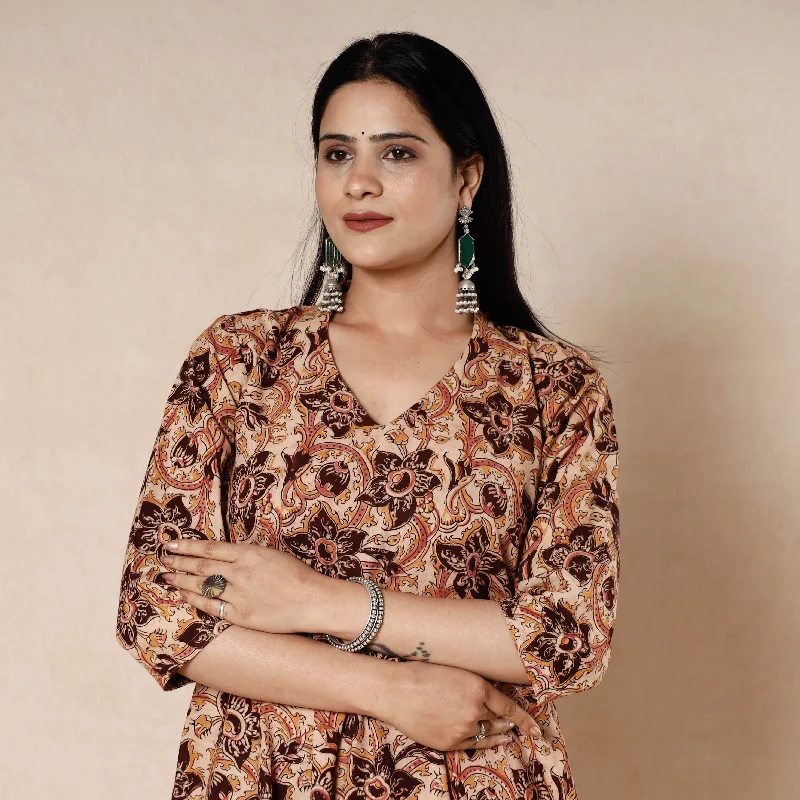 Shop Sales Brown - Kalamkari Block Printed Cotton Flared Gher Dress